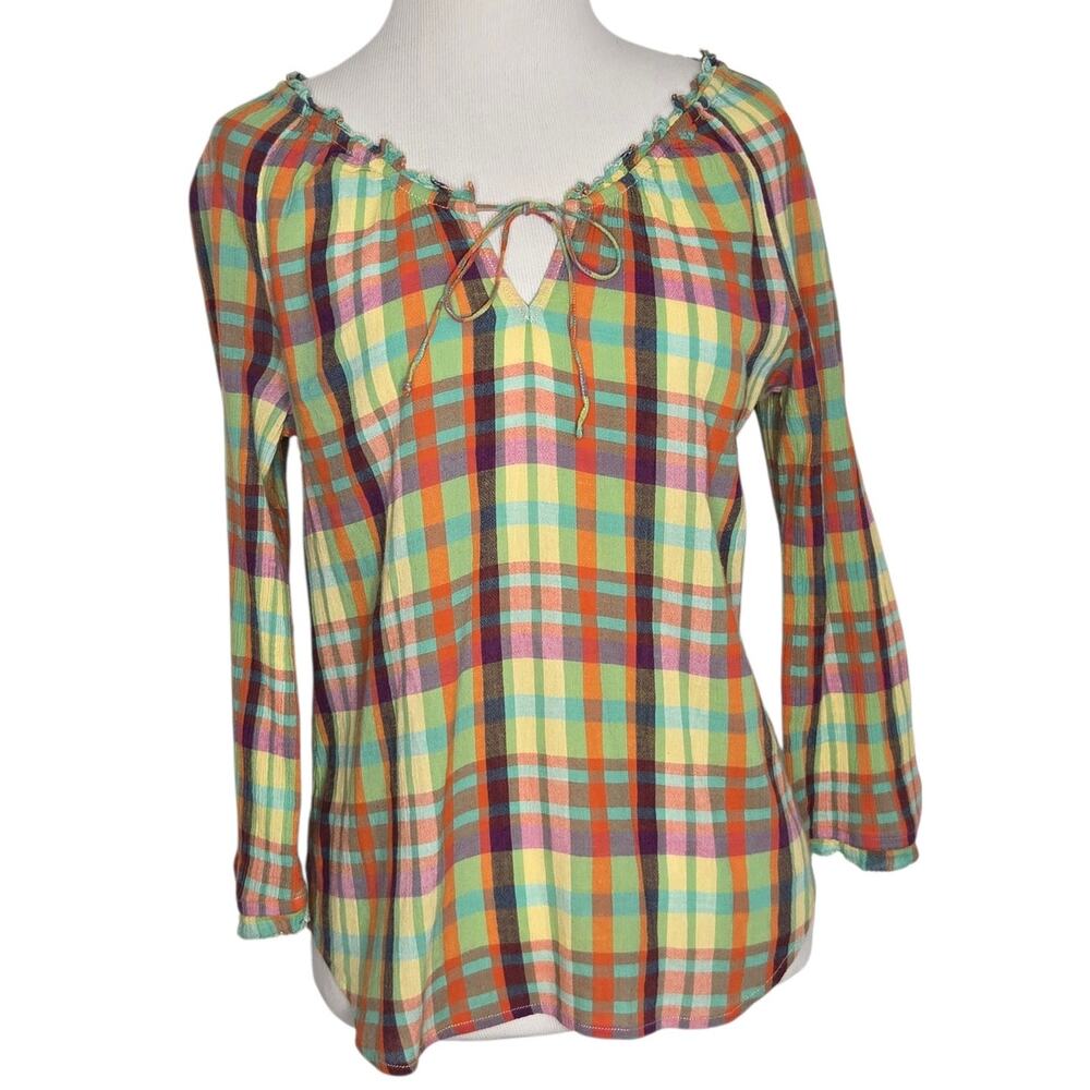 Ralph Lauren Jeans Women Madras Plaid Peasant Blouse Preppy Old Money Small